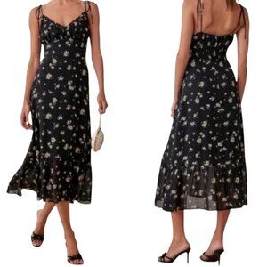 REFORMATION FLORAL COTTAGE CORE MIDI DRESS ROMANTIC BLOOMCORE BLACK SIZE 10